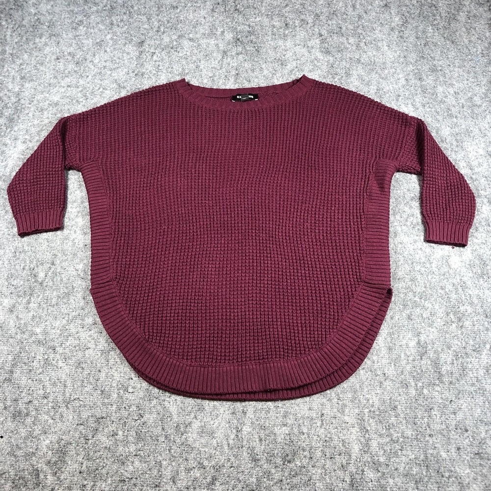 Express Sweater Womens XS Burgundy Waffle Knit Tunic Shirttail Hem Crewneck